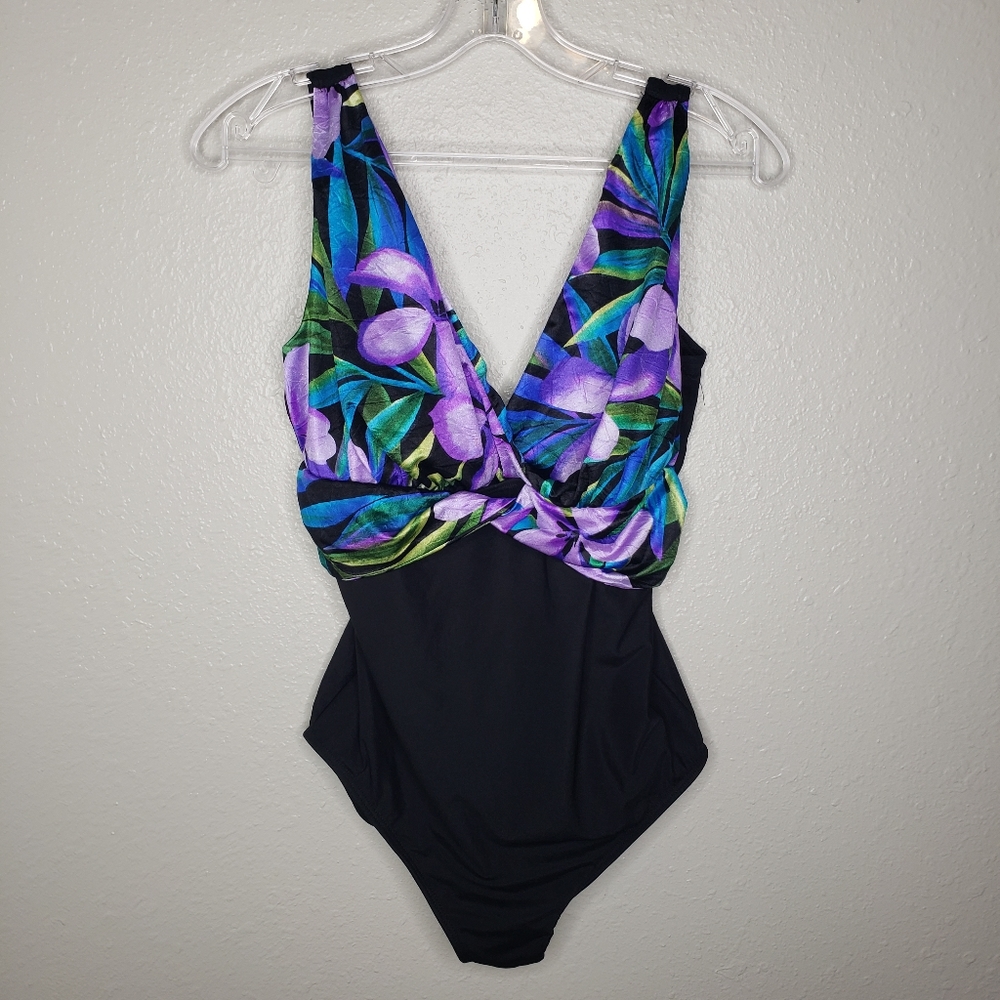 Longitude 12 black purple floral swim suit
